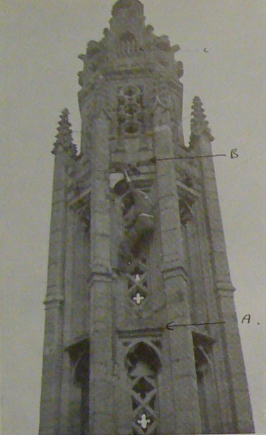 A, first overhang, with clover leaf above and below. B, second overhang, with parapet just above. C, chess-board, at which point the stone becomes crumbly. With three simultaneous grips for the rest of the way up, the climb is safe.